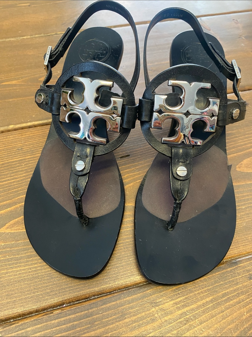 Tory Burch Black Leather Miller Logo Thong Sandals with Silver Hardware